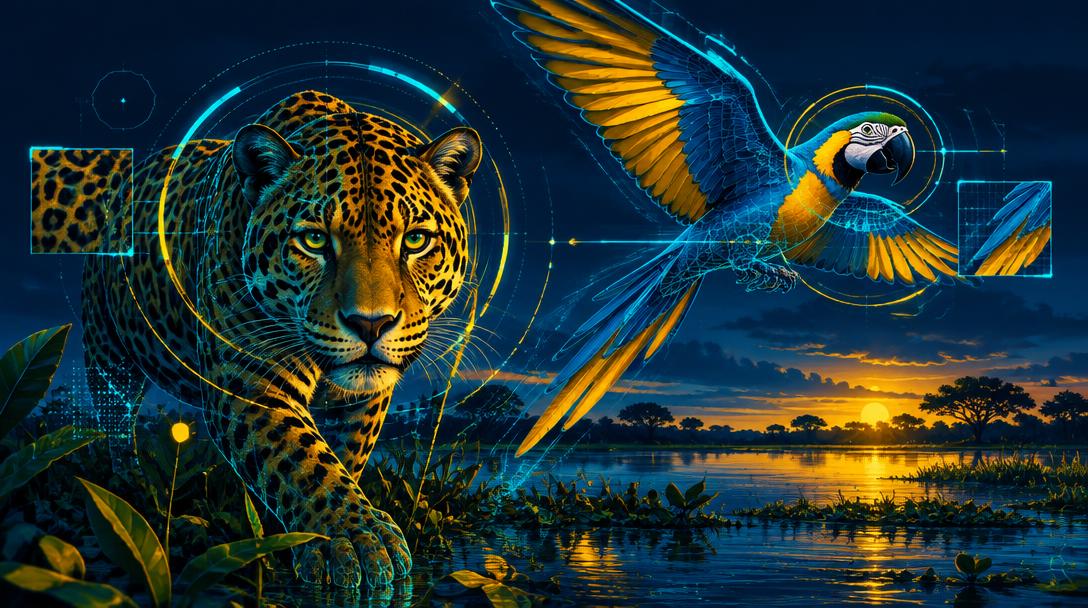 Onça-pintada e arara-azul do Pantanal com hologramas tecnológicos