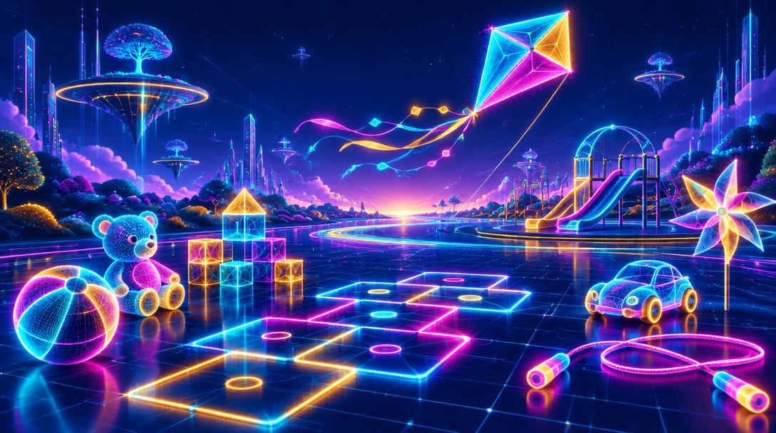Pipa colorida sobre um parque digital com amarelinha e brinquedos de luz neon