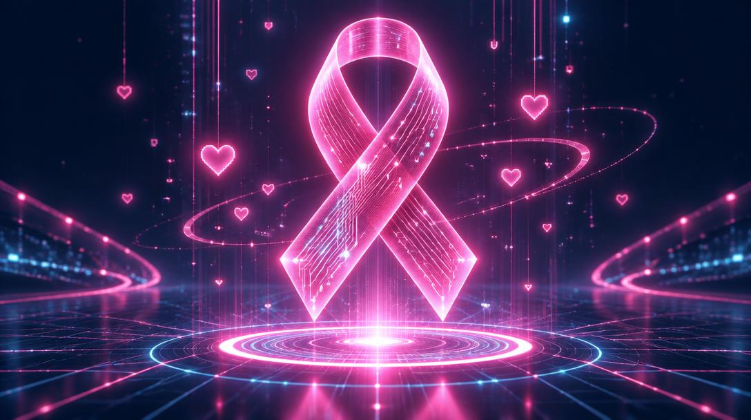 Laço rosa luminoso feito de circuitos sobre um portal digital neon