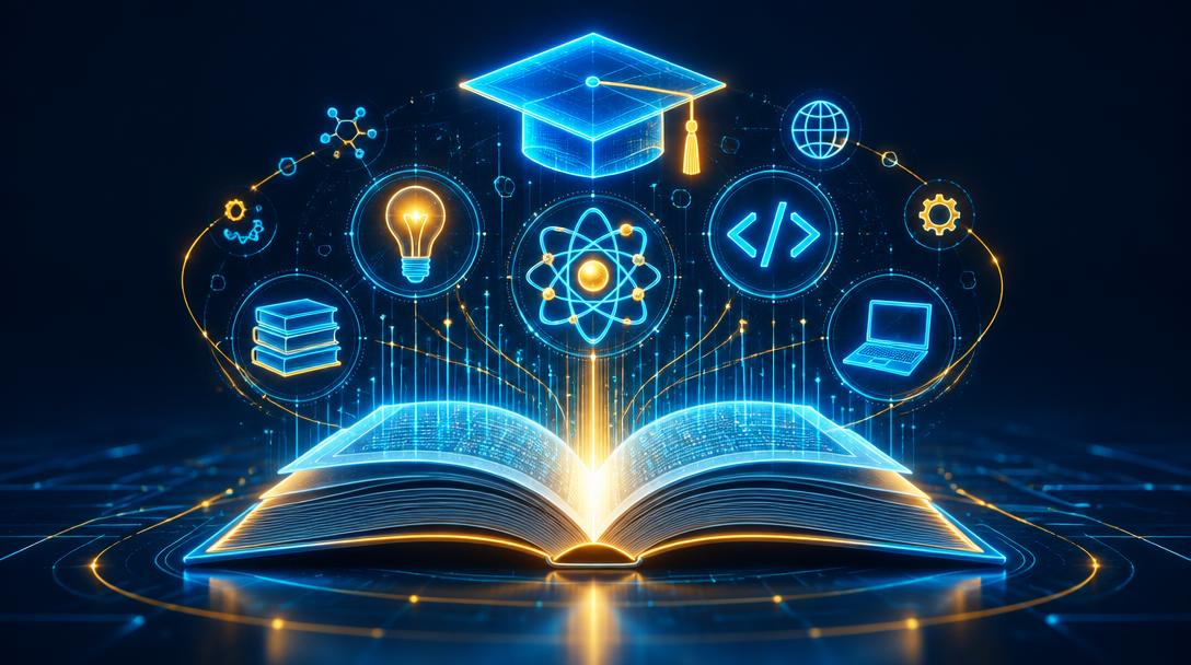 Livro aberto com símbolos holográficos de educação e tecnologia
