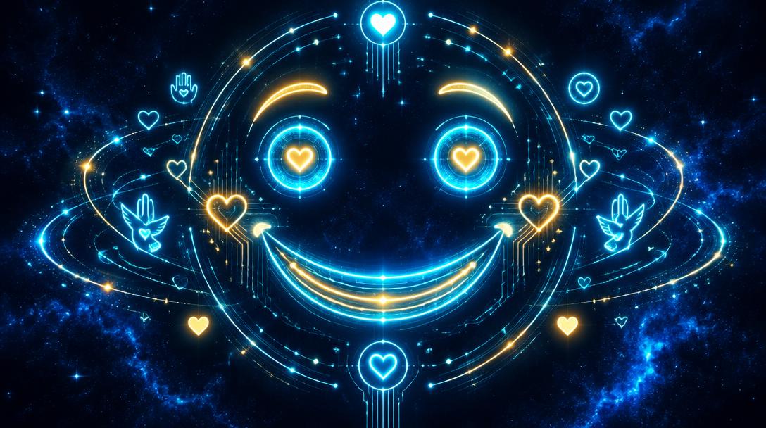 Sorriso feito de circuitos neon cercado de corações e símbolos de gentileza